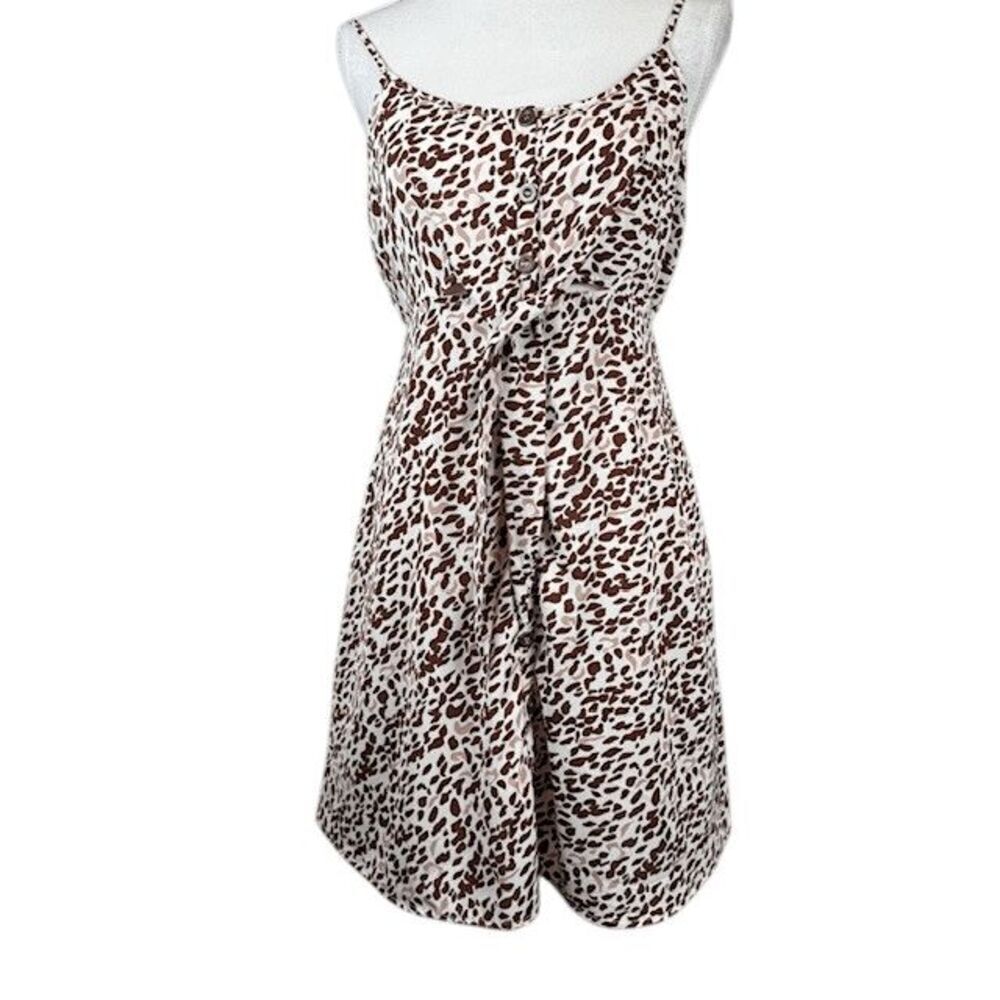 Listicle Button Front Leopard Print Dress Sleeveless Cream Brown Medium